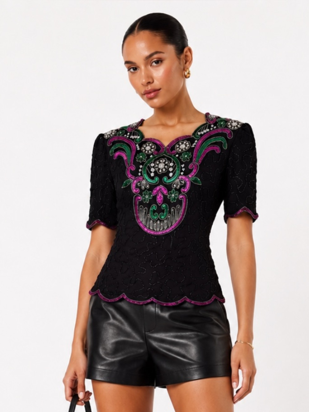 VINTAGE 90's  Embellished Silk Black Beaded Top - Pink & Green Accents